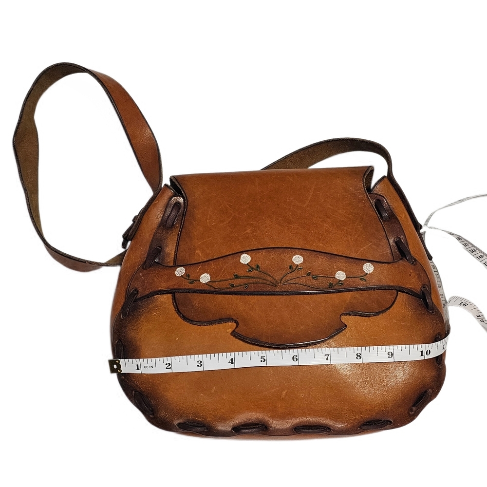 Vintage 70s Floral Boho Hand Painted Leather Pouch Shoulder Saddlebag - Picture 13 of 14